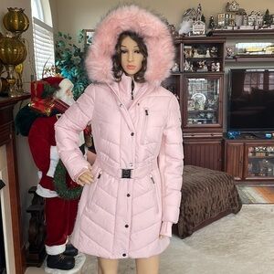 Brand New Michael Kors Blush Pink Zippered Belted Jacket w/ Faux Fur Hood